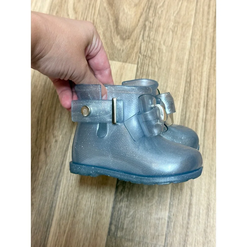 Mini Melissa Toddler Girls Blue Glitter Jelly Bow Boots Size 5 Rain Boots